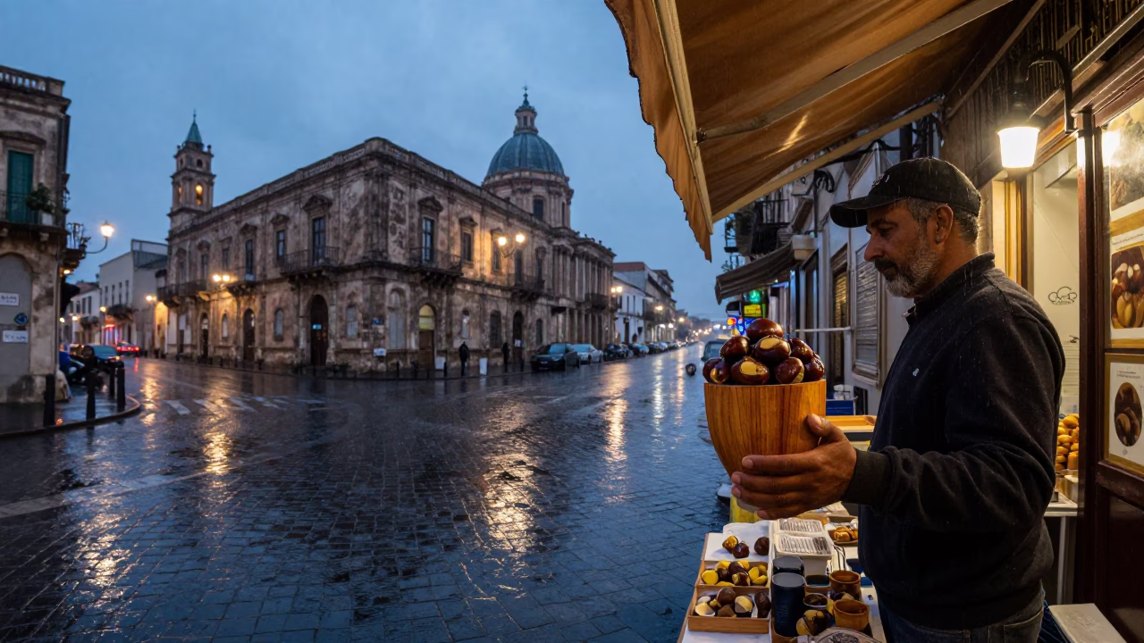 Rainy Dusk in Palermo Street Corner with Wooden Cup and Ceramic Saucers in in Palermo, Italy