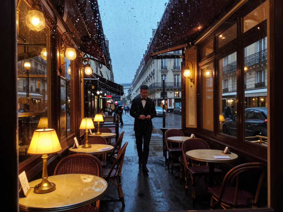 Rainy Dusk Interior Parisian Cafe with Desk Lamp and Scratched Sink in in Paris, France
