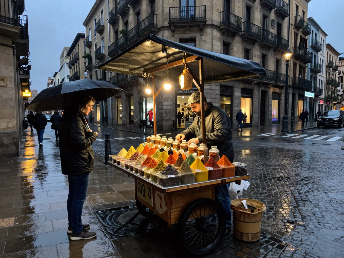 Rainy Dusk Street Corner Barcelona Vendor Selling Spices and Dried Goods in in Barcelona, Spain