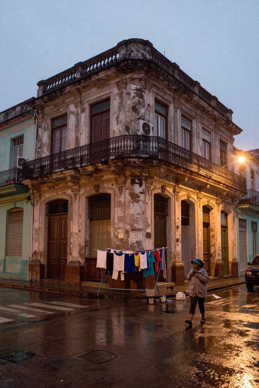Rainy Dusk Street Corner in Havana With Drying Rack and Local Activity in in Havana, Cuba