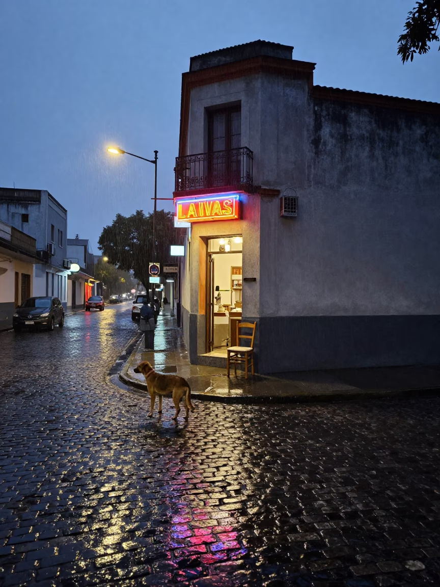Rainy Dusk Street Scene in Buenos Aires With Dog And Chair in in Buenos Aires, Argentina