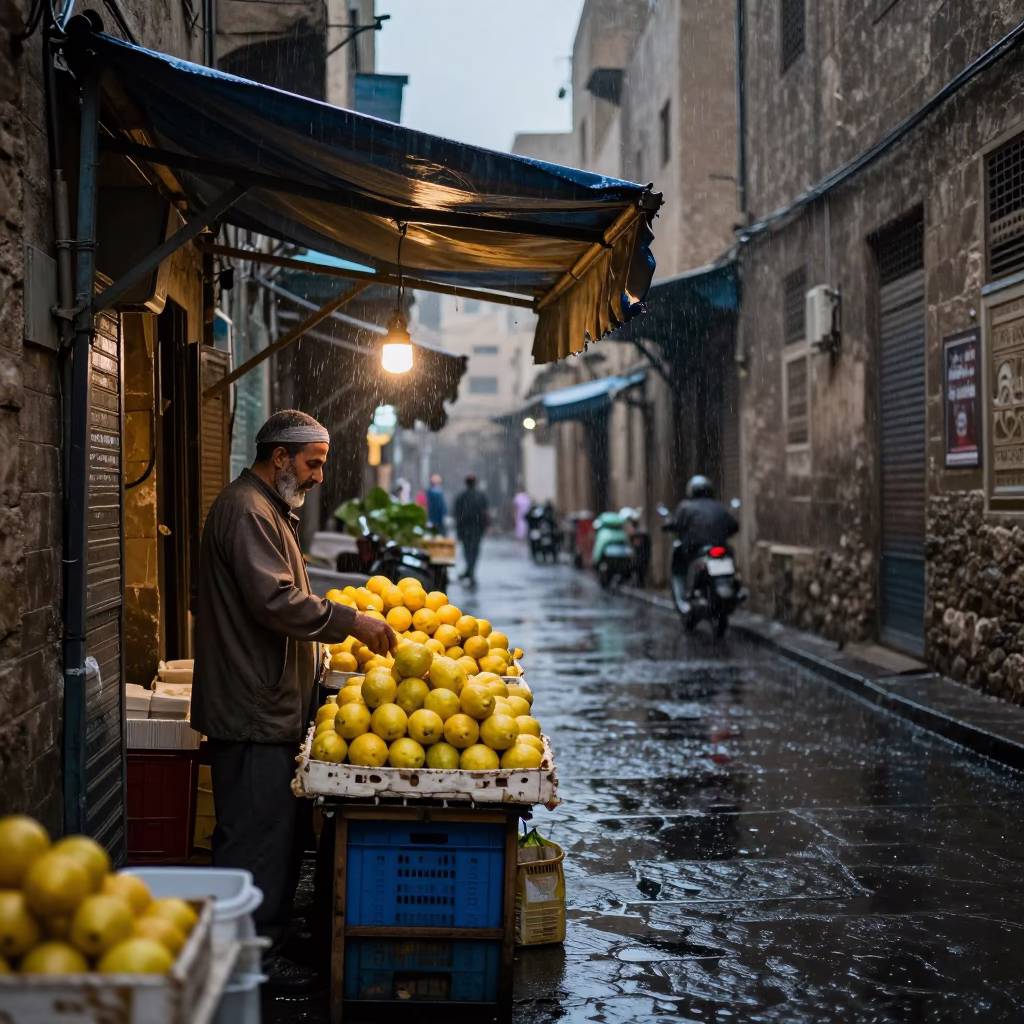Rainy Dusk Street Scene in Cairo with Market Vendor and Wet Pavement in in Cairo, Egypt