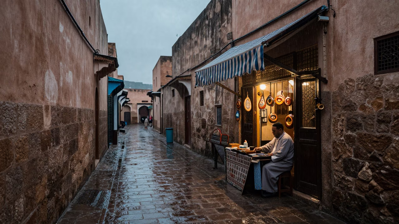 Rainy Dusk Street Scene in Fez Morocco with Traditional Crafts in in Fez, Morocco