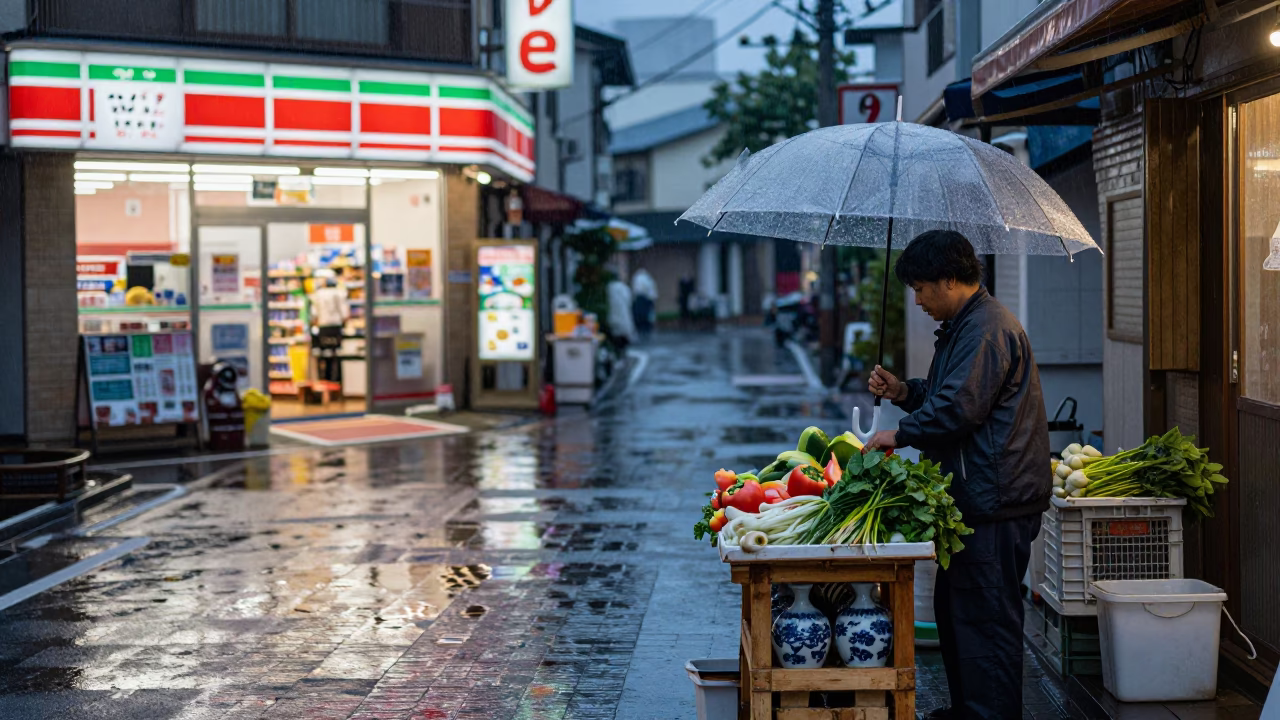 Rainy Dusk Street Scene in Fukuoka Japan with Glazed Ceramic in in Fukuoka, Japan