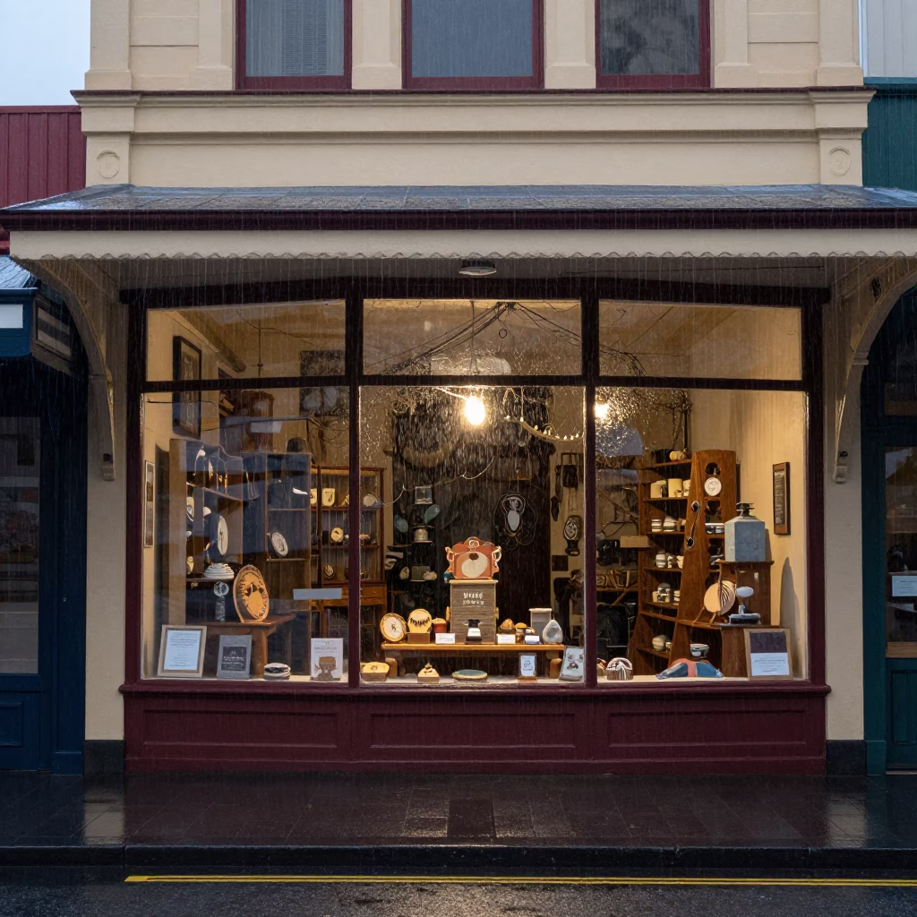 Rainy Dusk Street Scene in Hobart Tasmania with Local Shop Display in in Hobart, Tasmania, Australia