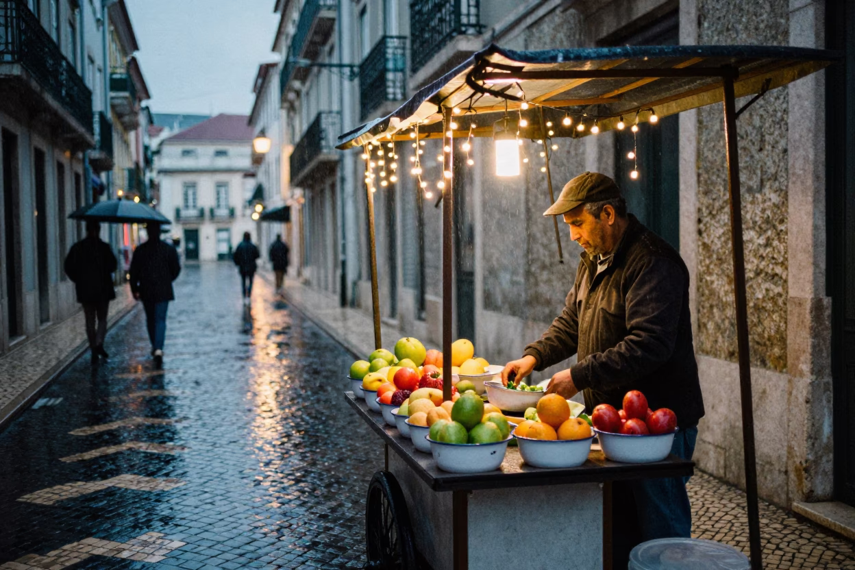 Rainy Dusk Street Scene in Lisbon with String Lights and Enamel Bowls in in Lisbon, Portugal