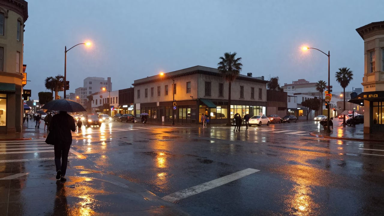 Rainy Dusk Street Scene in Los Angeles with Umbrellas and Wet Pavement in in Los Angeles, California, United States