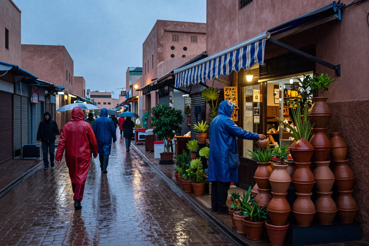 Rainy Dusk Street Scene in Marrakech With Colorful Raincoats in in Marrakech, Morocco