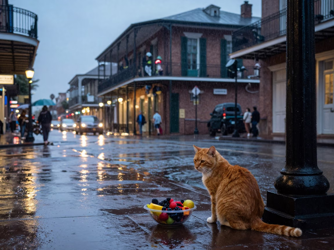 Rainy Dusk Street Scene in New Orleans with Orange Cat and Berry in in New Orleans, Louisiana, United States