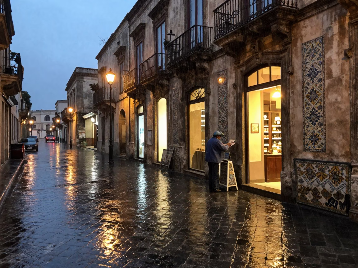 Rainy Dusk Street Scene in Palermo Italy With Vintage Majolica in in Palermo, Italy