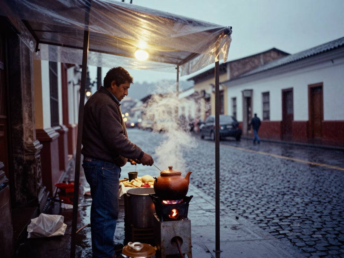 Rainy Dusk Street Scene in Quito Ecuador with Local Vendor in in Quito, Ecuador