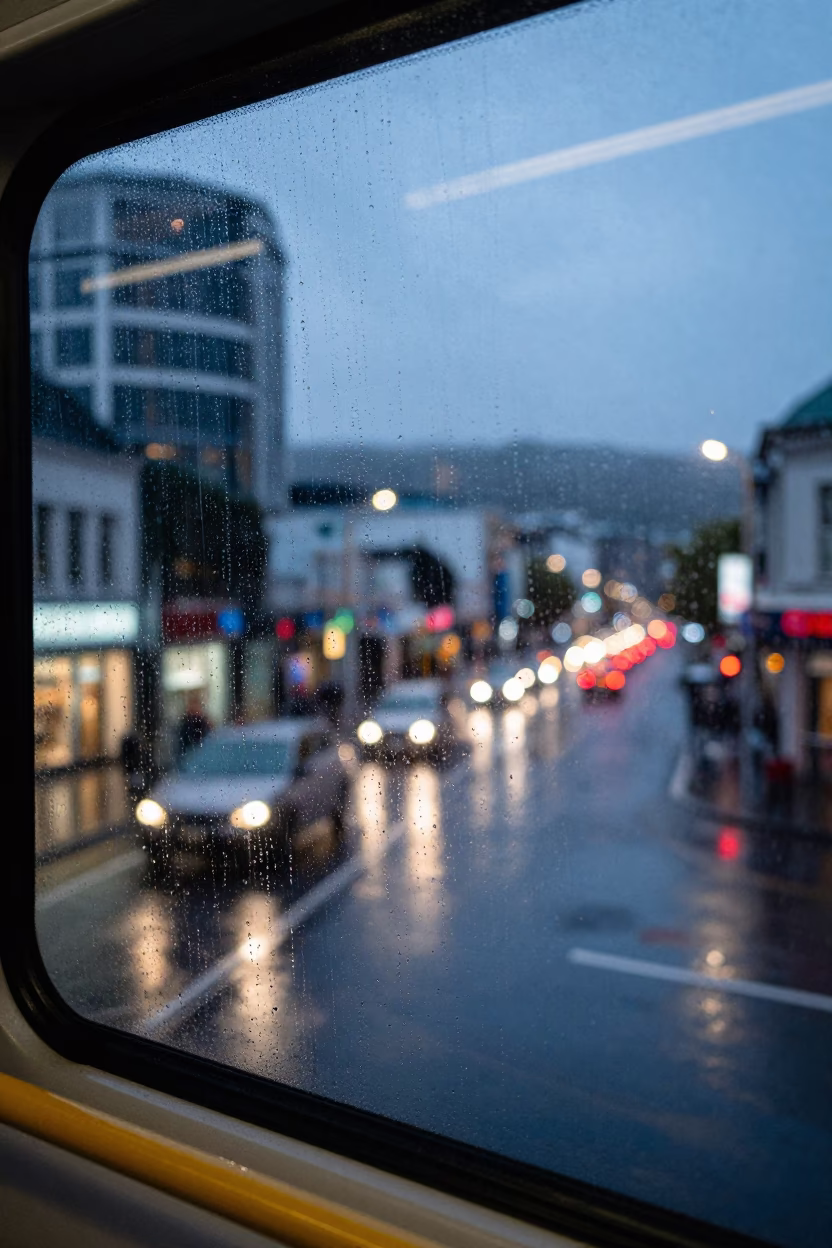 Rainy Dusk Street Scene in Wellington New Zealand with Condensation in in Wellington, New Zealand