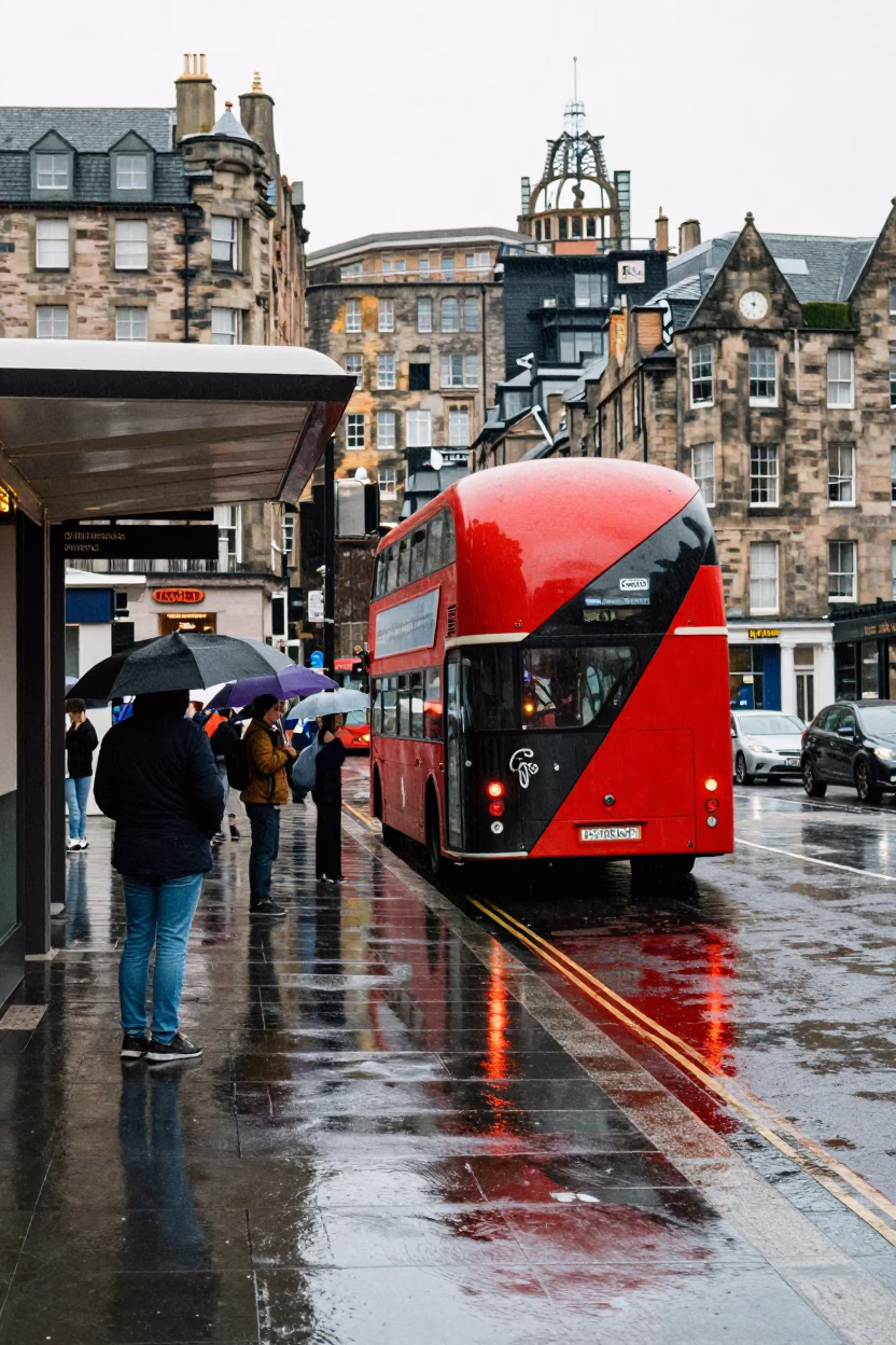 Rainy Edinburgh Midday Street Scene with Red Double-Decker Bus at Stop in in Edinburgh, United Kingdom