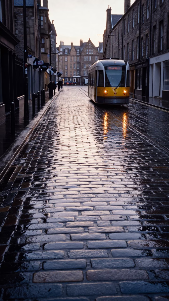 Rainy Edinburgh Morning Tram Reflection on Cobblestone Street Near Royal Mile in in Edinburgh, United Kingdom