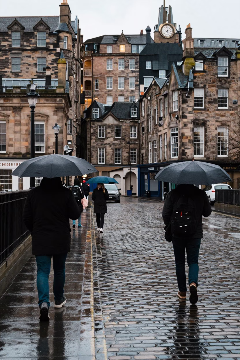 Rainy Edinburgh Street Scene with Umbrellas and Cobblestones in Late Morning in in Edinburgh, United Kingdom