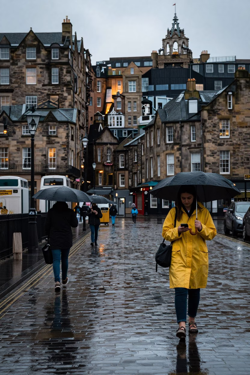 Rainy Edinburgh Street Scene with Umbrellas and Stone Architecture in in Edinburgh, United Kingdom