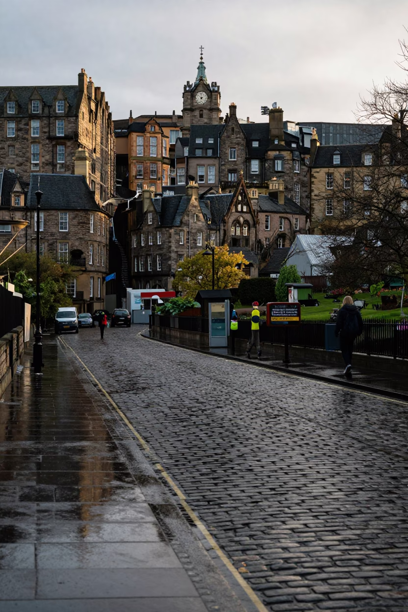 Rainy Edinburgh Street Scene with Viaduct Shadow and Allotment Gardens in Late Morning in in Edinburgh, United Kingdom