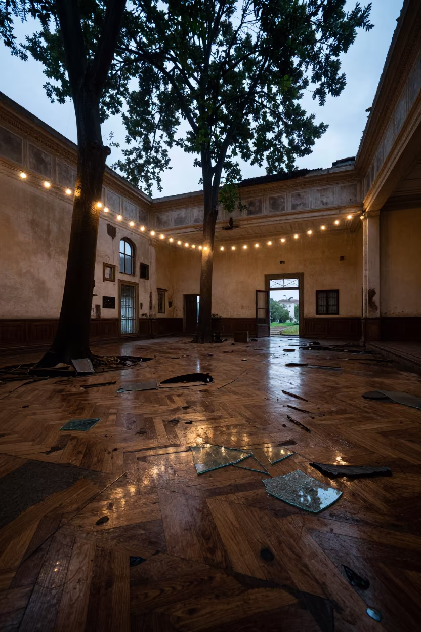 Rainy Evening Ballroom Ruin with Trees in Asmara in in a derelict ward with shattered glass underfoot in Asmara
