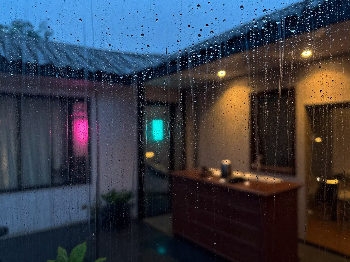 Rainy Evening Condensation on Glass in Palembang in on a hotel dresser in Palembang