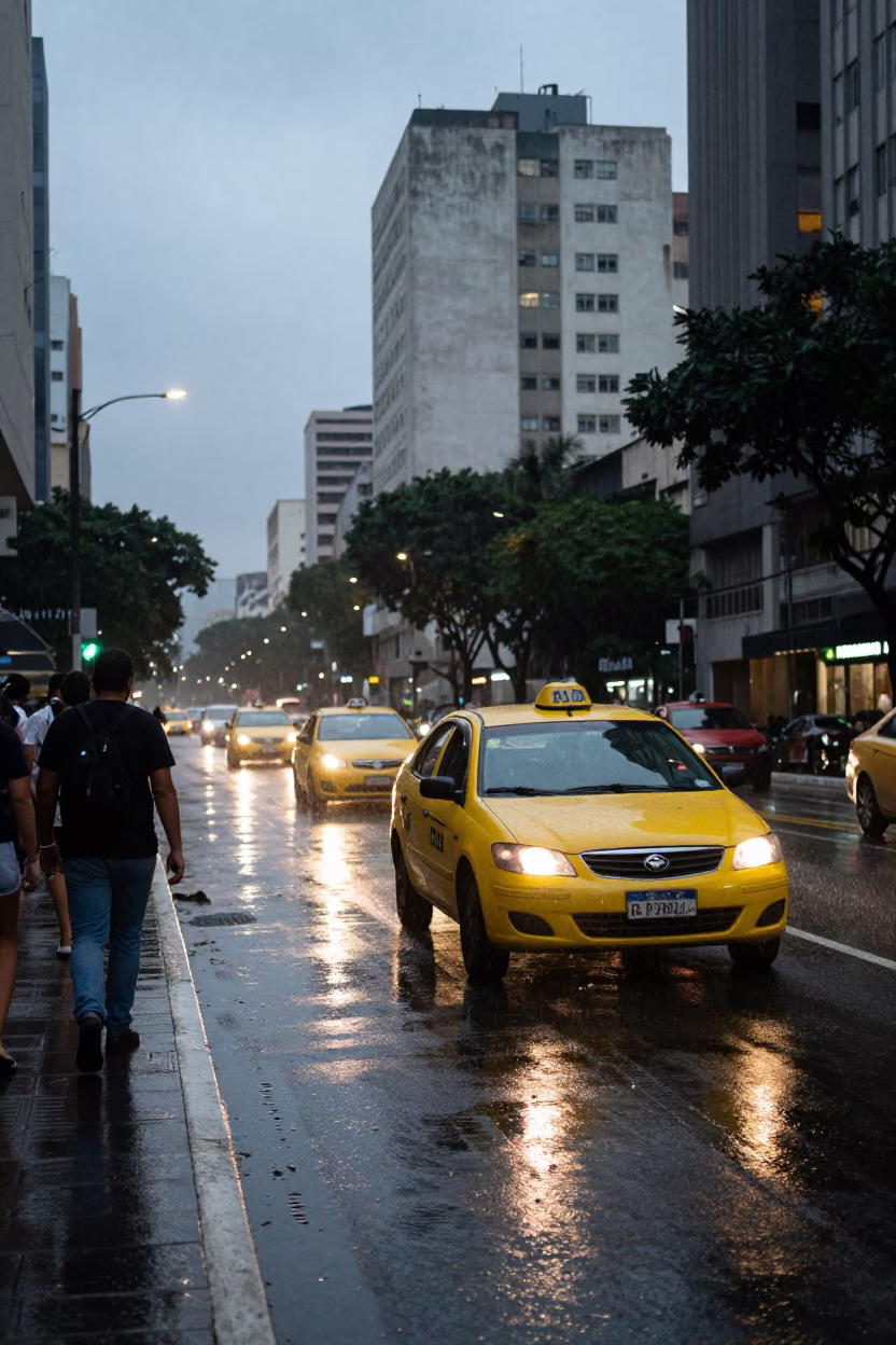 Rainy Evening in São Paulo Yellow Taxi and Pedestrians with Rain Boots in in São Paulo, Brazil