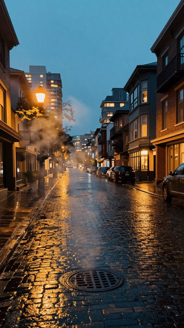 Rainy Evening in Vancouver at As City Lights Begin To Glow in in Vancouver, British Columbia, Canada