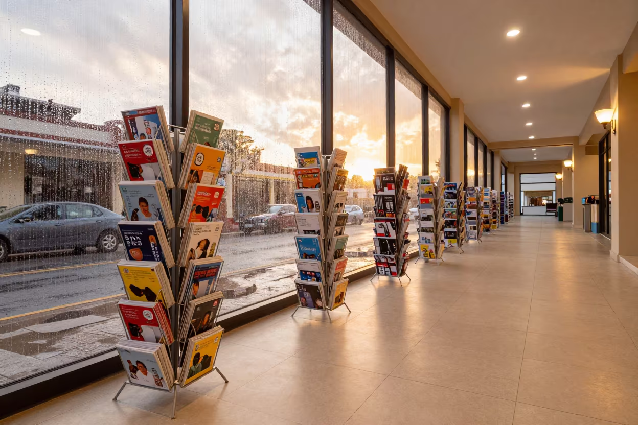 Rainy Evening Light on Retail Quote Rack in inside a retail floor display area near Sancti Spíritus
