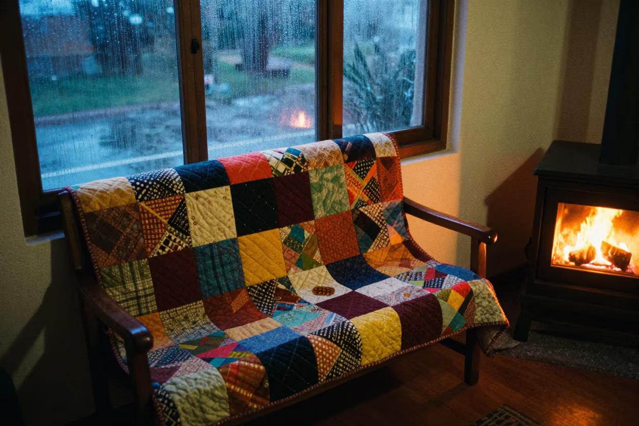 Rainy Evening Quilt on Bench in Tacna Window in on a window seat in Tacna