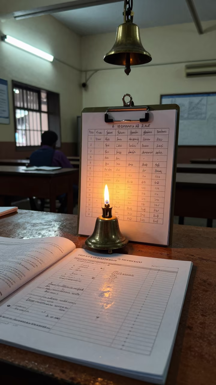 Rainy Evening School Bell Schedule Attendance Sheet in inside an art classroom near Cuddalore