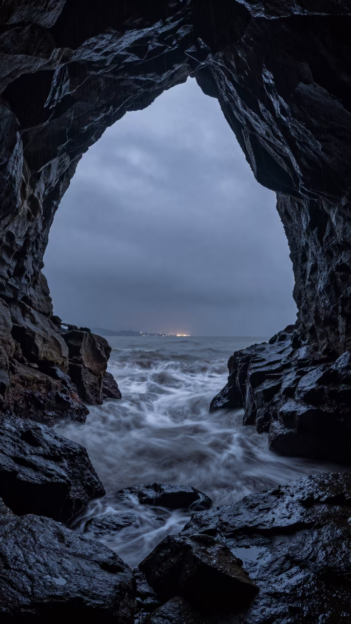 Rainy Evening Sea Cave Juhu Mumbai Panoramic View in near Juhu, Mumbai