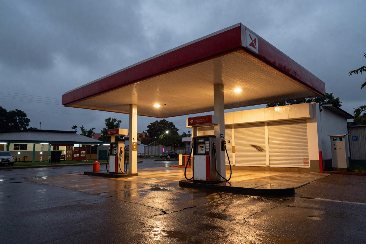 Rainy Evening at Shuttered Lokoja Gas Station in outside a metro entrance in Lokoja