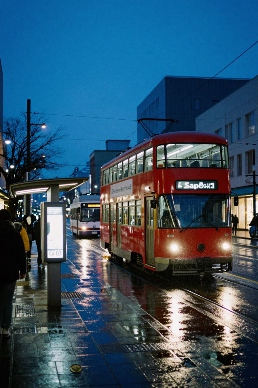 Rainy Evening Tram and Double-Decker Bus in Sapporo Japan Street Scene in in Sapporo, Japan