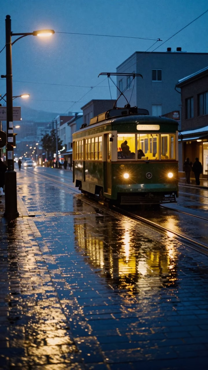Rainy Evening Tram Reflections on Cobblestone Streets in Sapporo Japan in in Sapporo, Japan