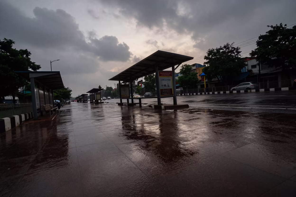 Rainy Evening Tram Stop Pune Overcast Sky in at a tram stop in Pune