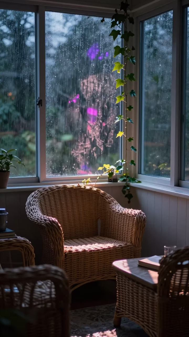 Rainy Evening Sunroom with Wicker and Ivy in on a reading nook cushion near Jos