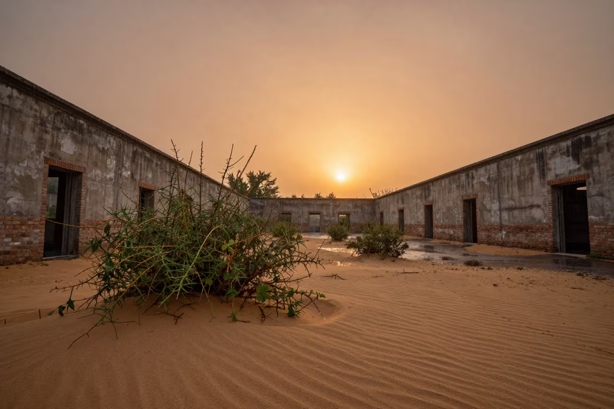Rainy Firing Range Ruin Under Orange Sunset in through an abandoned ceremonial court in Shandong