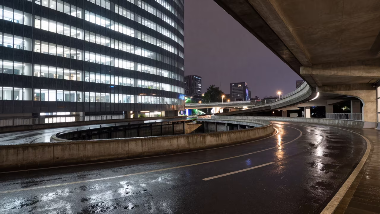Rainy Flyover Ramp Spiraling Past Office Windows at Midnight in at a canal lock chamber near People's Park, Chengdu