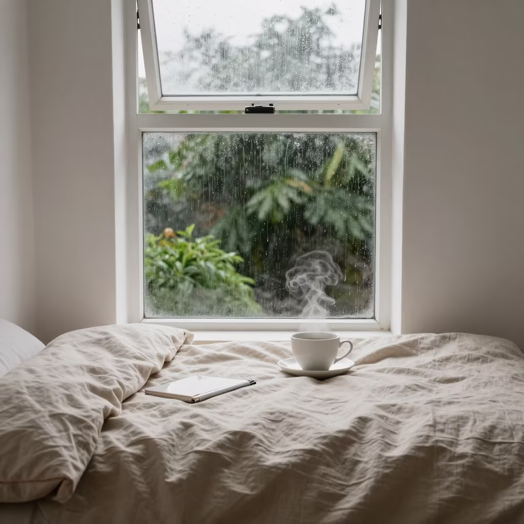Rainy Fortaleza Tea on Linen Duvet in on a reading nook cushion near Fortaleza
