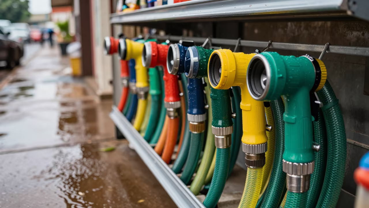 Rainy Garden Center Hose Nozzles Brazzaville in outside a lit retail frontage after dark in Brazzaville