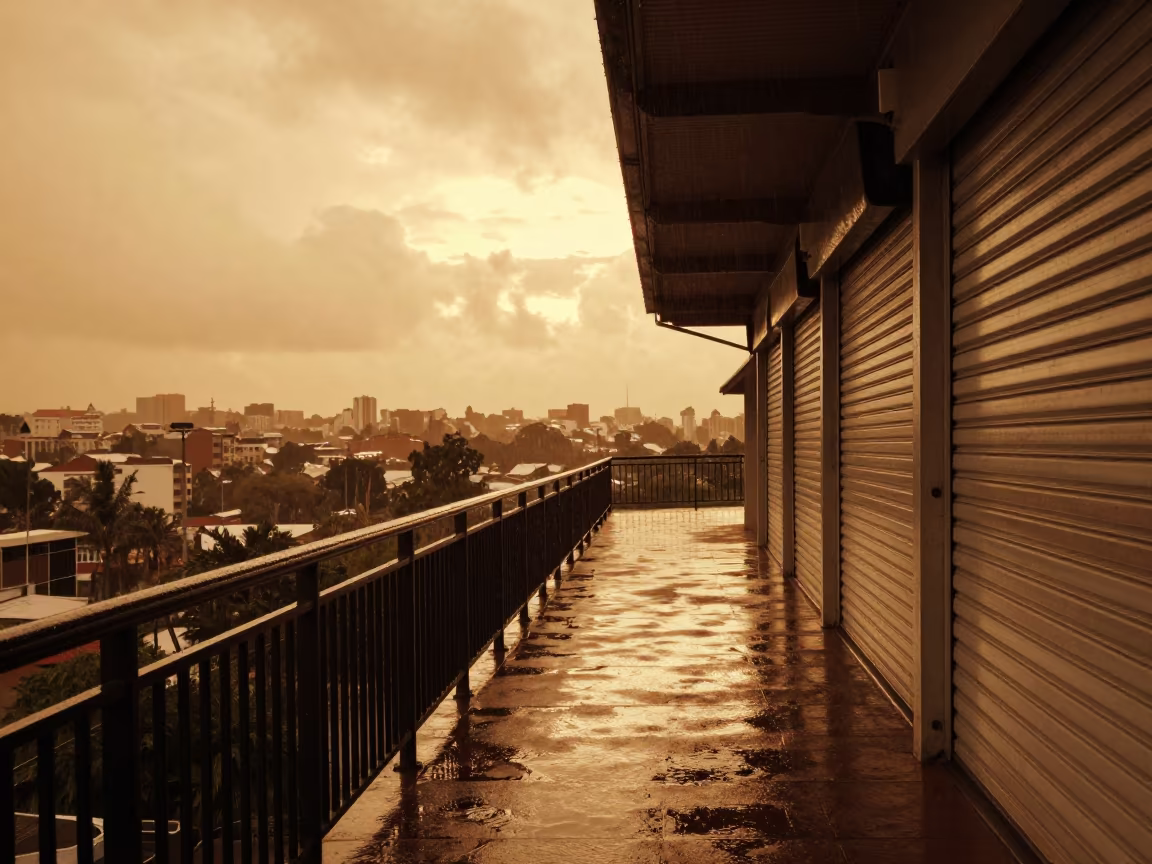 Rainy Golden Hour Over Kasulu City Railing in along a shuttered arcade in Kasulu