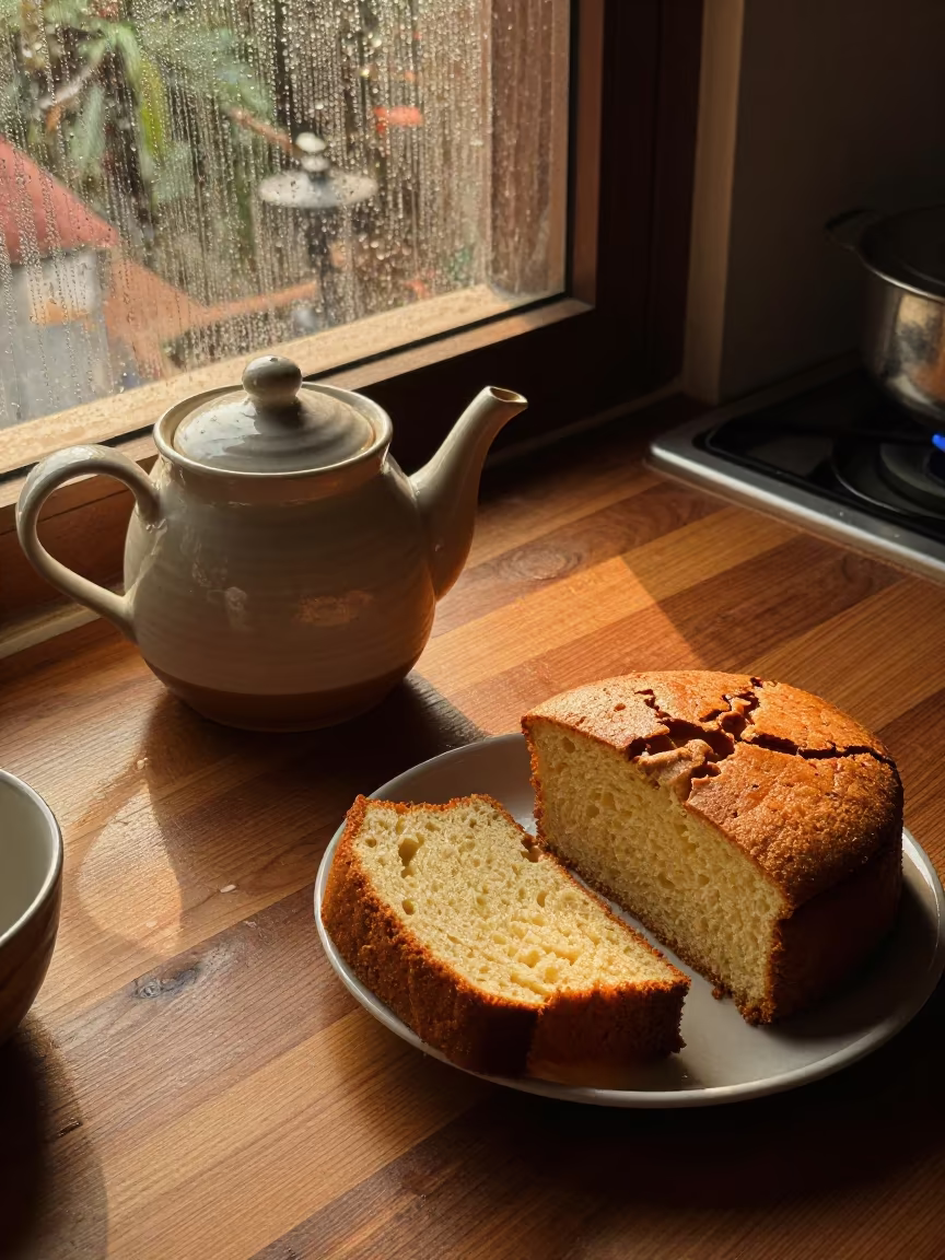 Rainy Golden Hour Teapot and Cake on Kitchen Table in in a cozy kitchen in Thiruvananthapuram