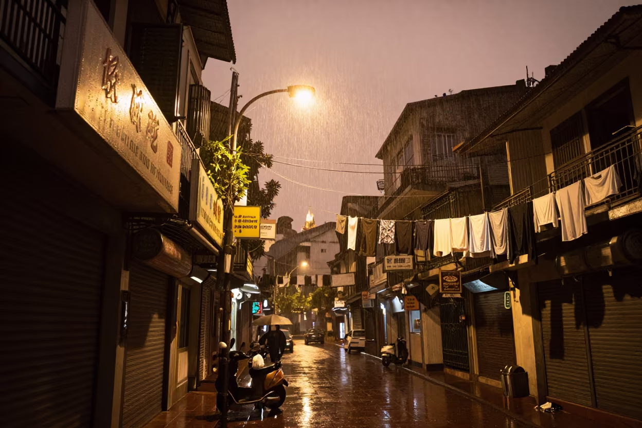 Rainy Hanoi Shop Signs Under Flickering Light in beneath a flickering underpass light in Hanoi