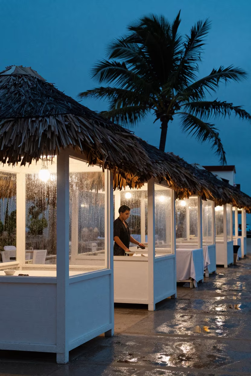 Rainy Havana Cabana Row at Blue Hour Twilight in in a hotel courtyard prepared for dinner in Habana Vieja, Havana