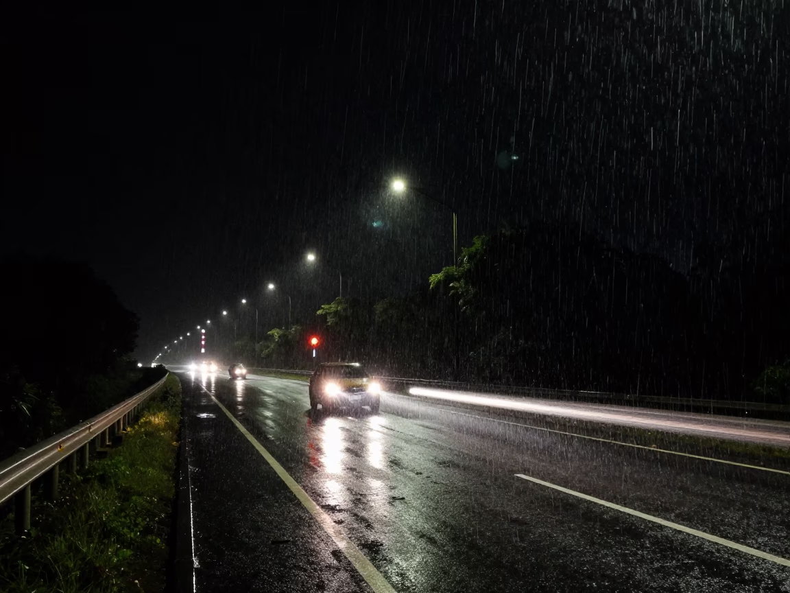Rainy Highway Headlights Near Kigali in under the clearest stretch of sky near Kigali