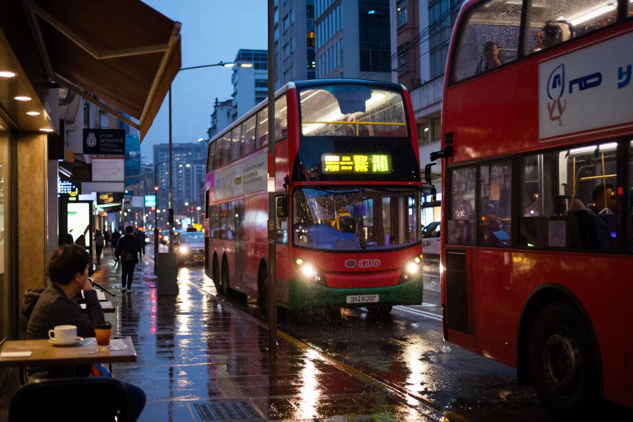 Rainy Hong Kong Street Scene with Double-Decker Bus at Dusk and Urban Atmosphere in in Hong Kong, Hong Kong
