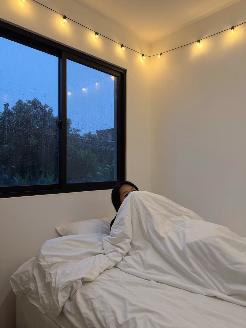 Rainy Iloilo Night Eyes Peeking from Duvet in beside a rain-streaked window in Iloilo