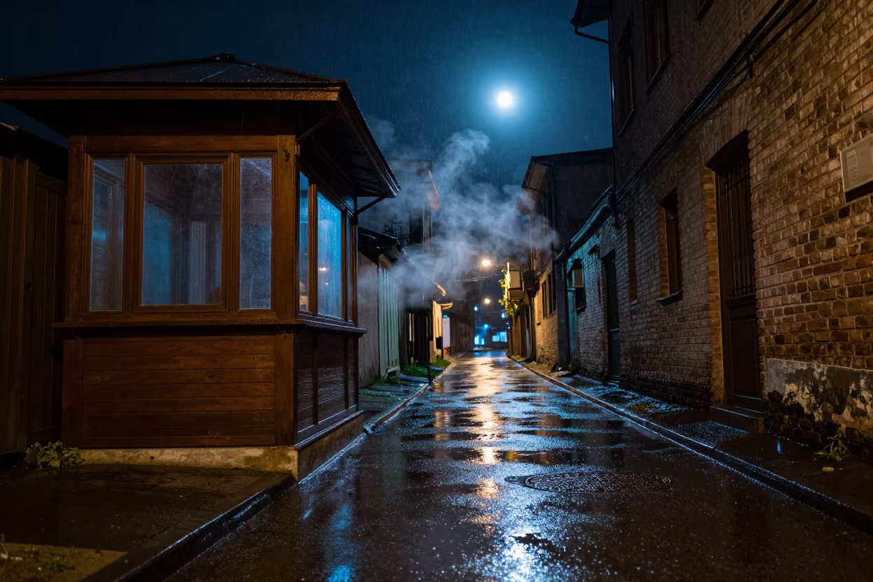 Rainy Kastamonu Alley Midnight Neon in by a rain-darkened kiosk in Kastamonu