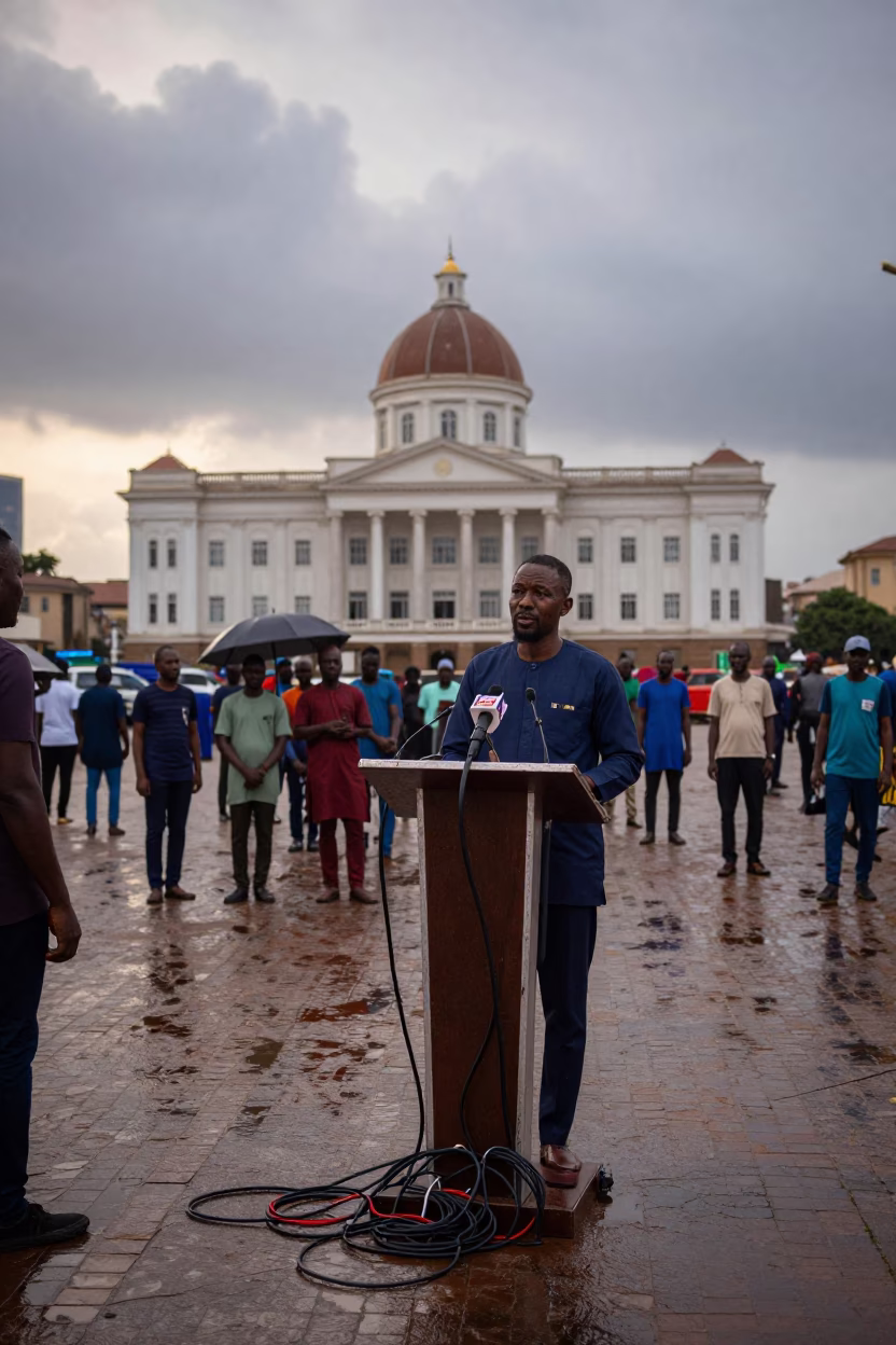 Rainy Lagos Press Podium in Morning Shadow in in a public square near Lagos