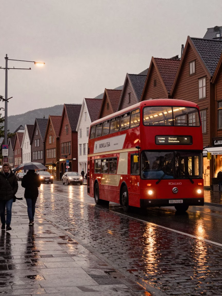 Rainy Late Afternoon in Bergen Norway with Double Decker Bus and Succulents in in Bergen, Norway