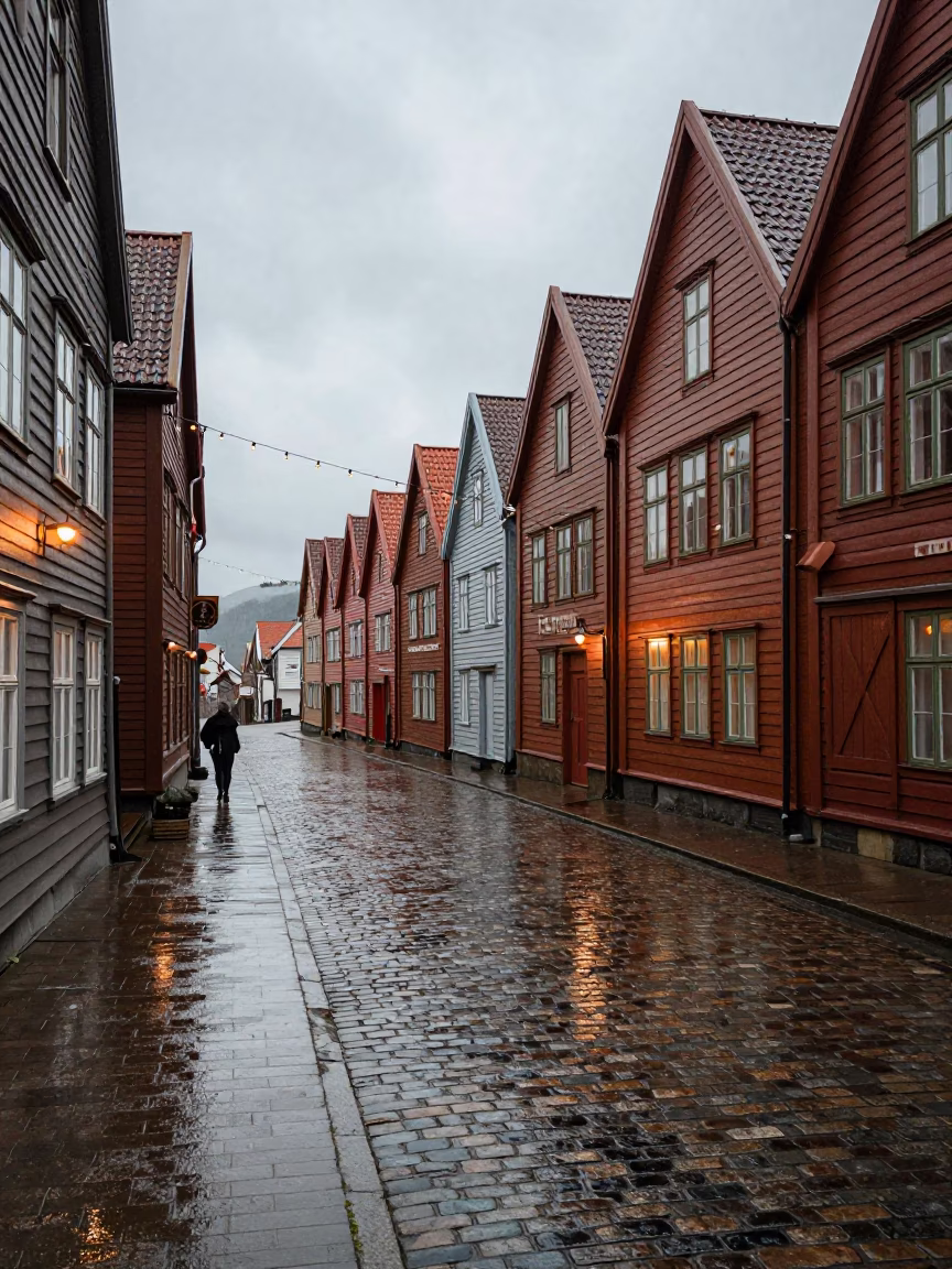 Rainy Late Afternoon in Bergen Norway with String Lights and Boot Scraper in in Bergen, Norway