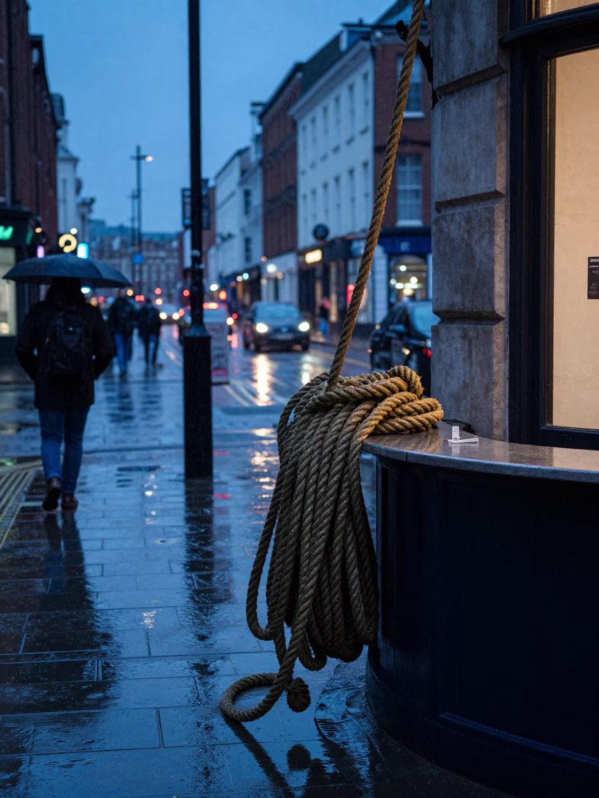 Rainy Liverpool Evening Street Scene with Coiled Rope and Urban Atmosphere in in Liverpool, United Kingdom